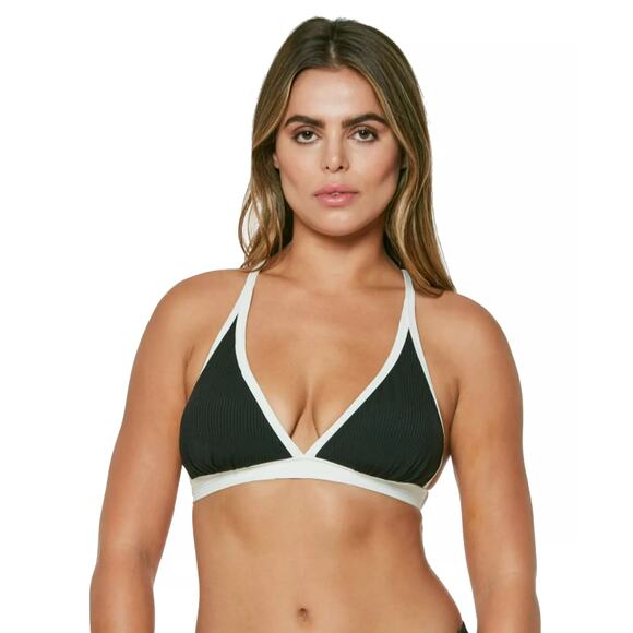 Jessica Simpson Ribbed Cross Back Bikini Top Size D L Black Ivory New Triangle - Picture 1 of 4
